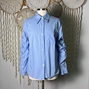 Michael Kors Collection Made in Italy Ruched Sleeve Button Down Cotton Top 8